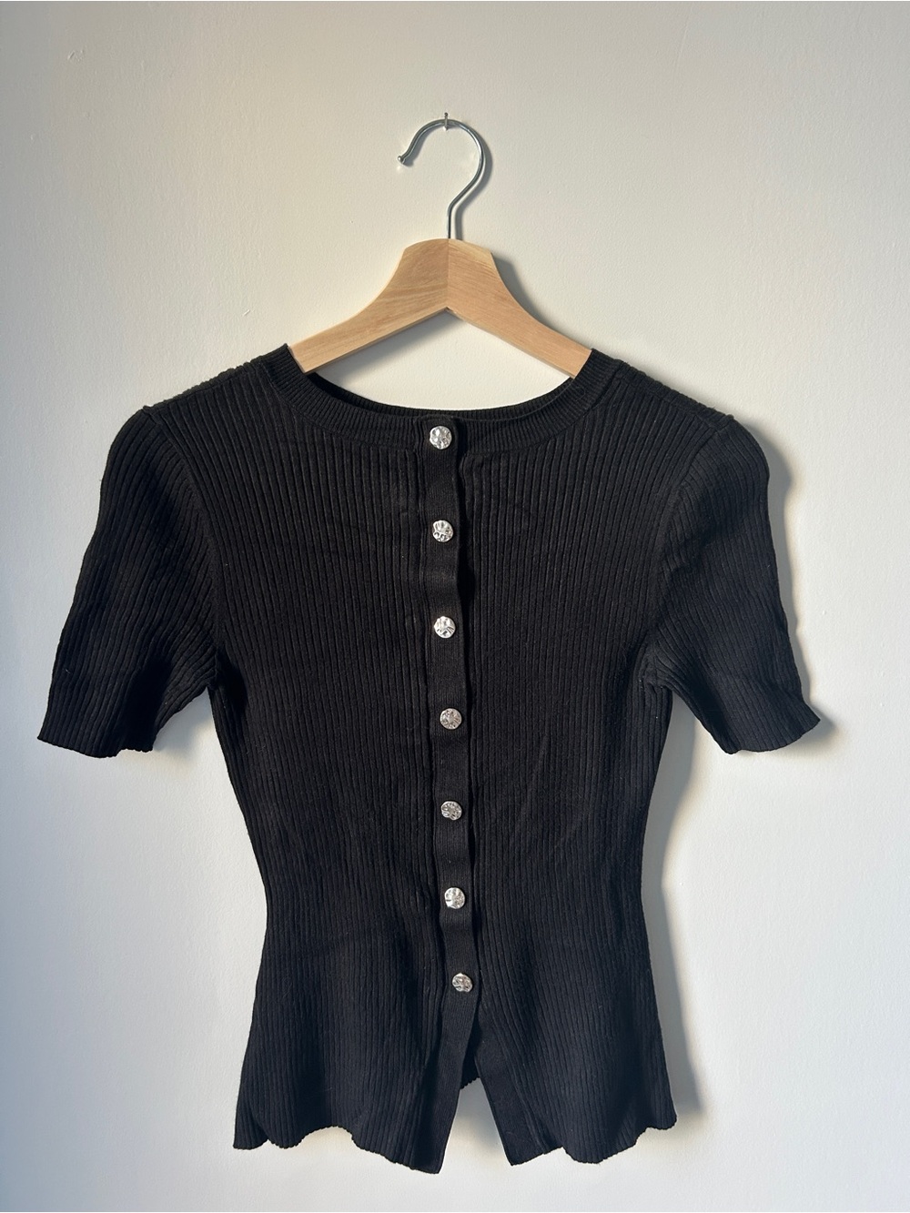 Simons Black Ribbed Button-Front Long Sleeve Top